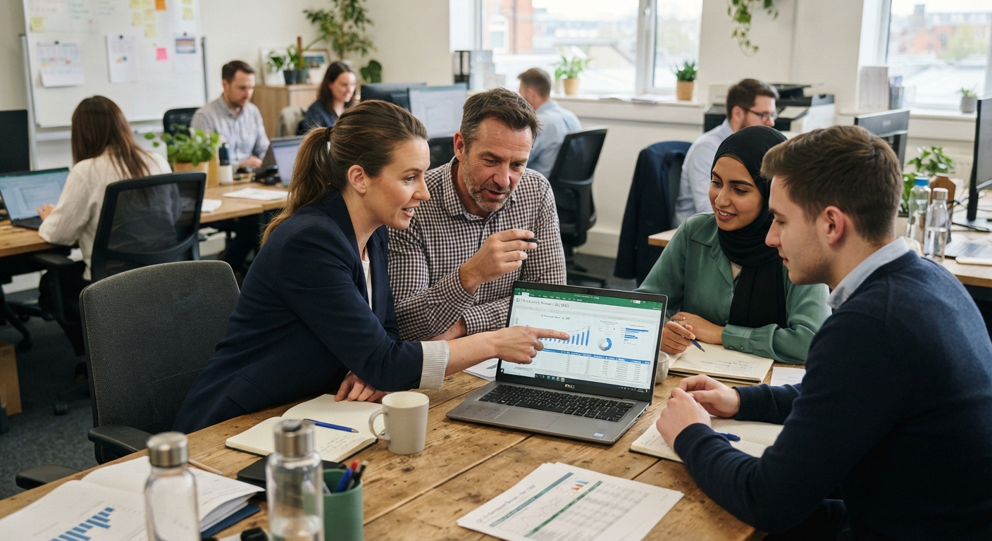 A team reviewing documents together in an office.